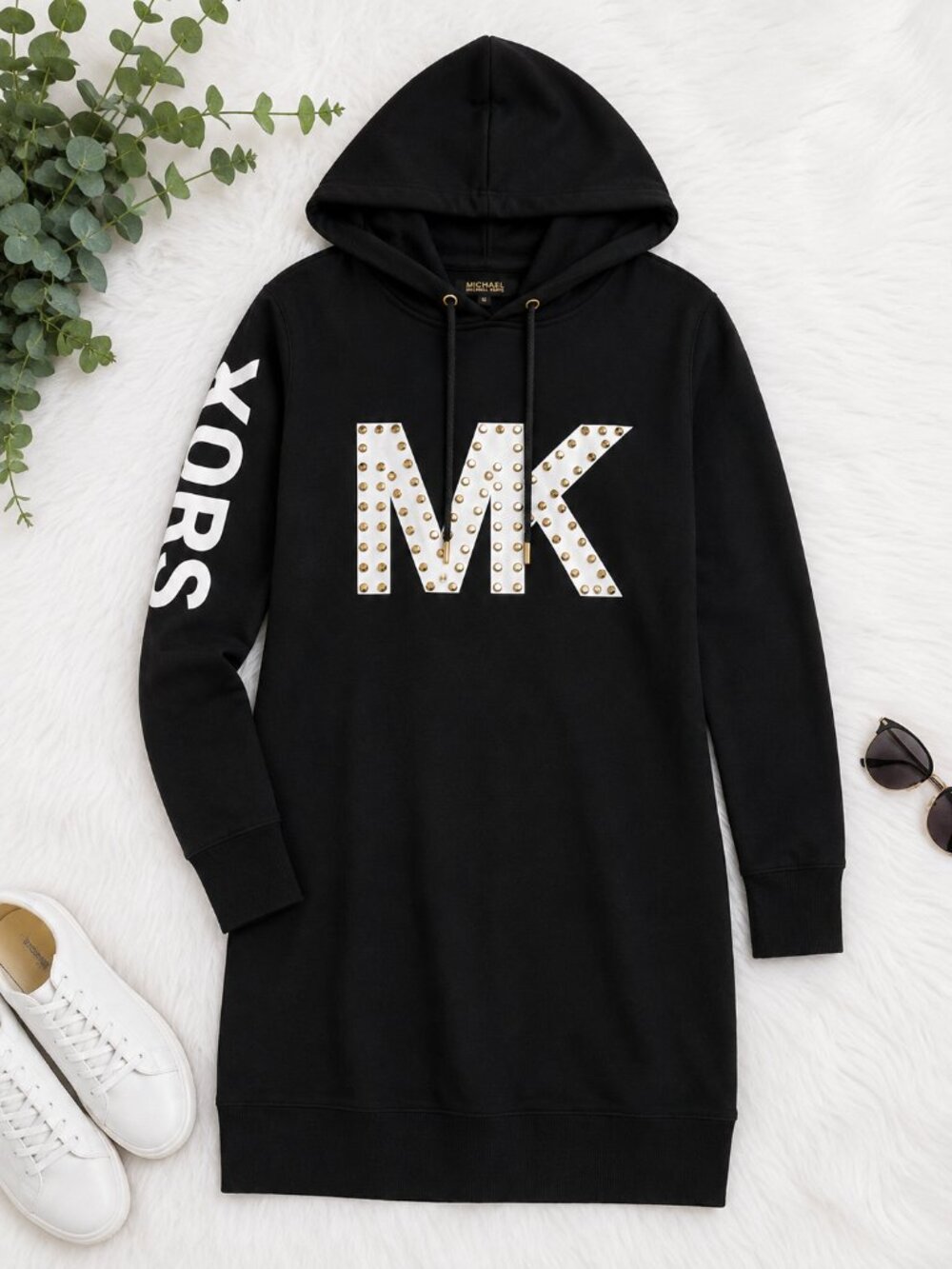 Michael Kors XXS Black Studded MK Logo Long Hoodie Sweatshirt Dress